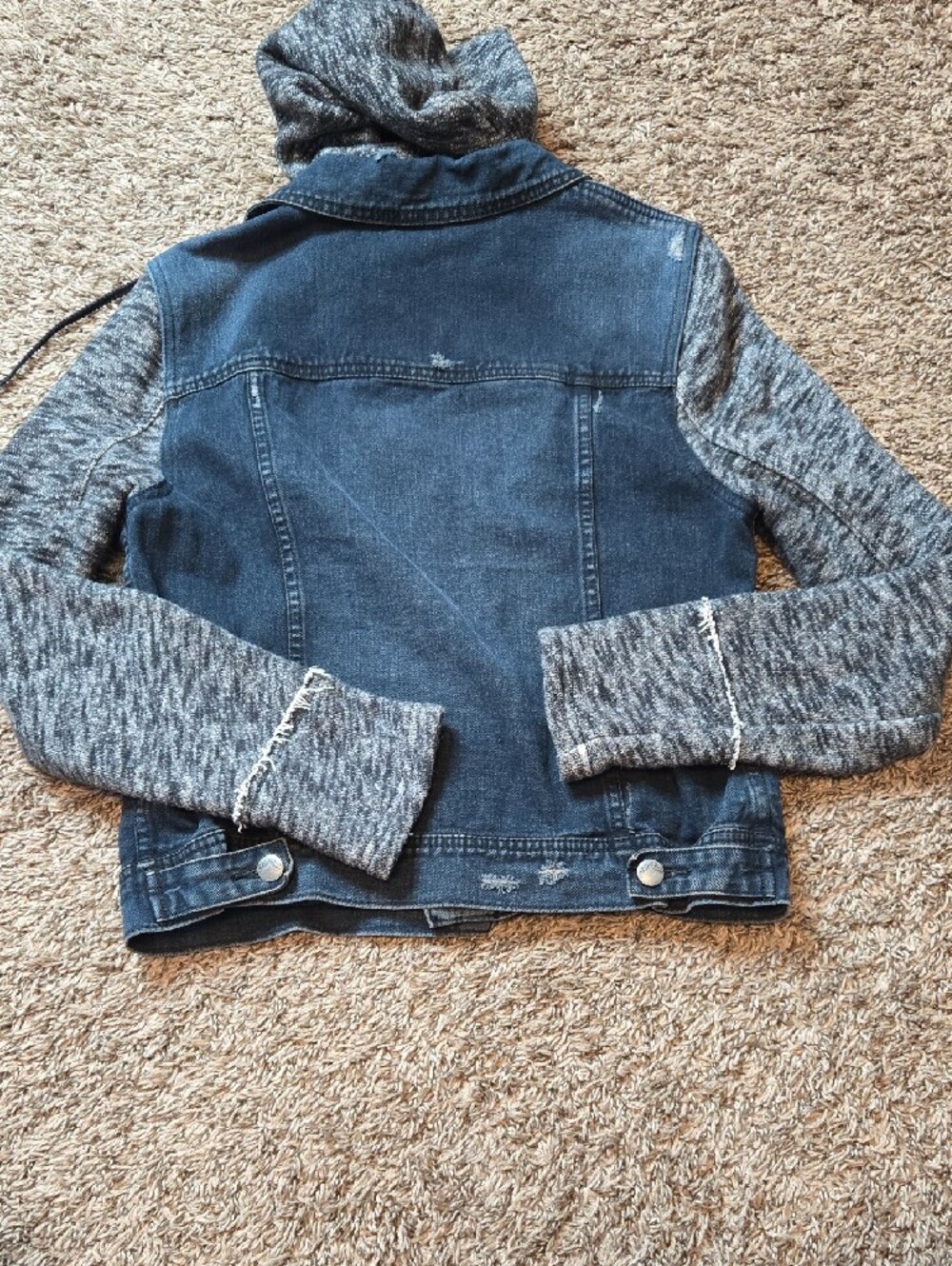 Free People Large Hooded Denim Jacket with Knit Sleeves Distressed Top - Picture 2 of 3
